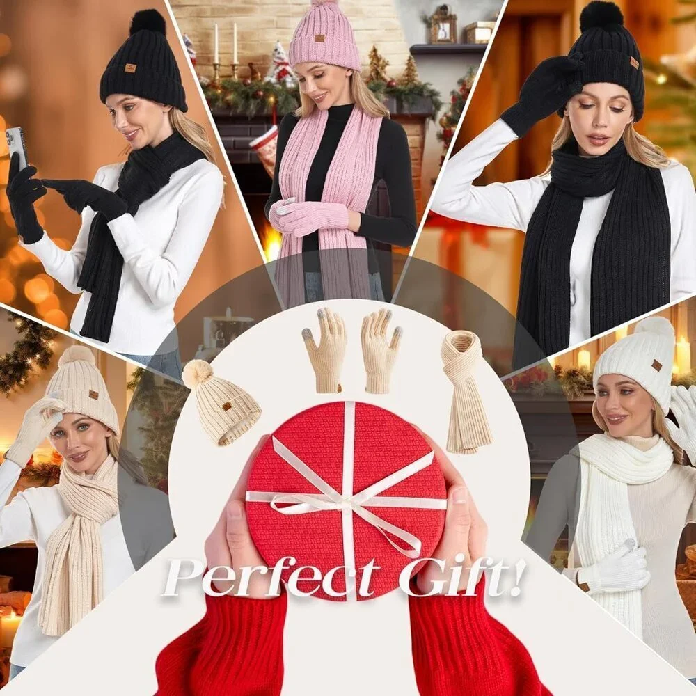 Women’s Winter Hat Scarf Gloves Set Acrylic POM POM Thermal Warm Cozy